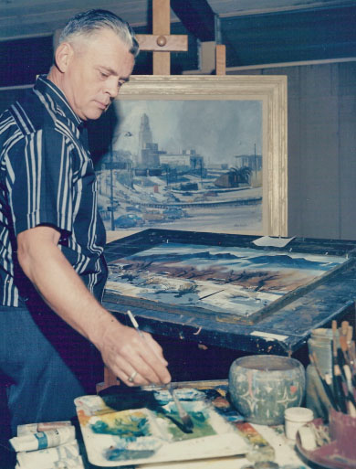 Ralph Hulett working at home studio, circa 1965