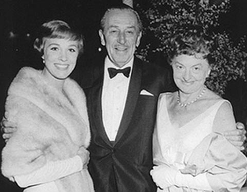 Julie Andrews Walt Disney and PL Travers at the Premier of Mary Poppins 1964