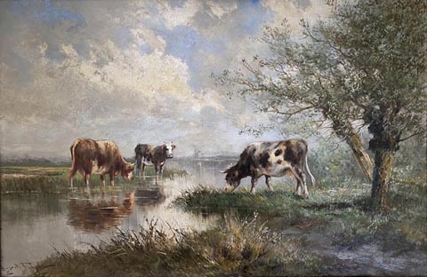 Hugo Anton Fisher 1854-1916,  Cattle Grazing in expansive landscape 19 x 30