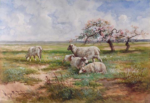 Hugo Anton Fisher 1854-1916,  Sheep in Spring Meadow, 15 1/4 x 21 3/4
