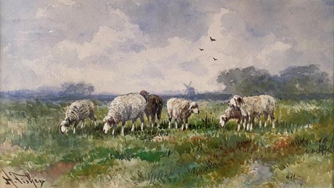 Hugo Anton Fisher 1854-1916,  Six Sheep, 7 1/2 x 13 3/4