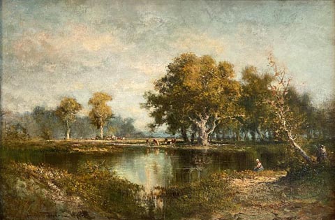 Hugo Anton Fisher 1854-1916,  Woman Fishing at Pasture Pond, 16 x 24