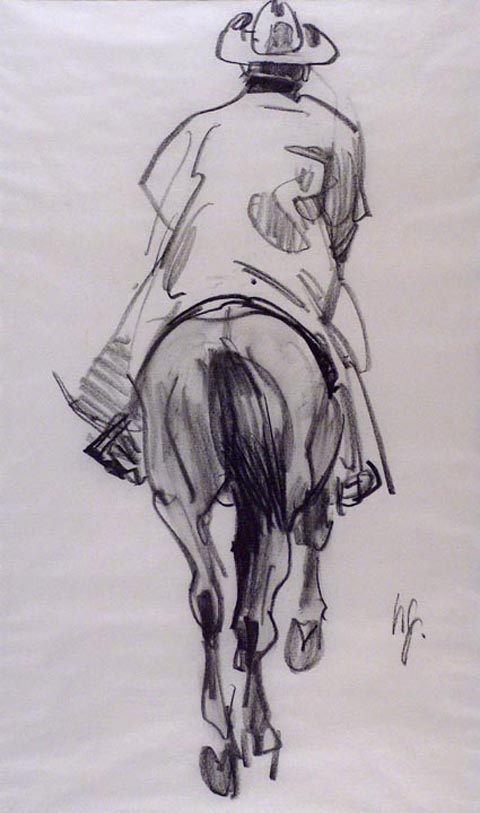 Ned Jacob 1938-present, Cowboy with duster, Charcoal on paper, 22 x 18