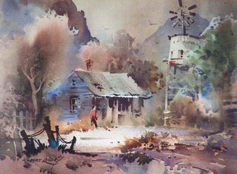Robert Landry 1921-1991, Shack and Windmill, 10 1/4 x 14