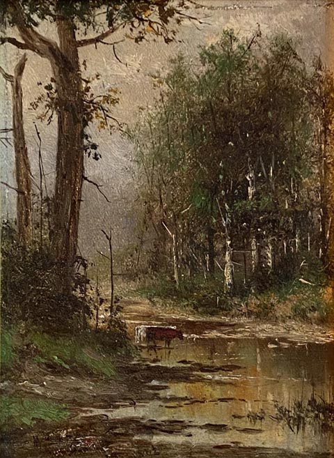 Meyer Straus 1831-1905, Cows in Forest Streem, 1882, 6 x 8