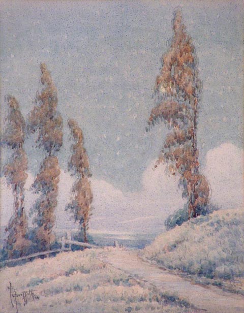 Grace Allison Griffith, Poplars, Path, and Fence, 8 7/8 x 6 7/8 Watercolor on paper