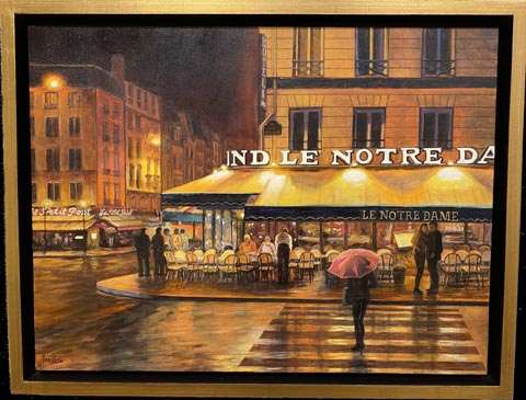 Art @ the Source 2022, Deborah Haeffele, Rainy Night at Hotel Le Notre Dame, oil on cradled gesso board, Studio 14