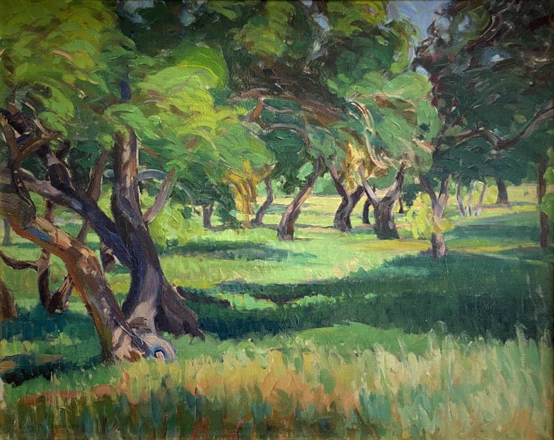 Ruth Manerva Bennett, Oak Grove, a pleasing group of Oak Trees in shades of greens and golds in an impressionist style.