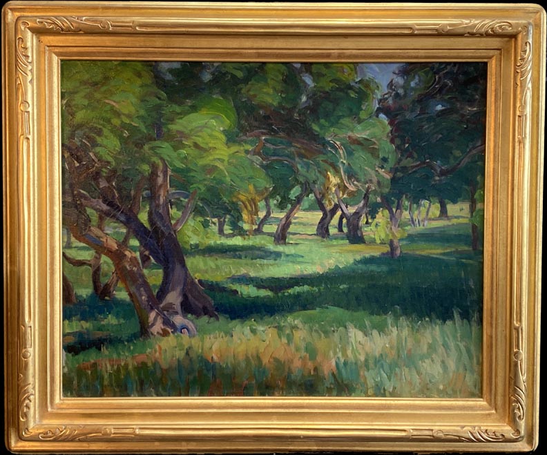 Ruth Manerva Bennett, Oak Grove, a pleasing group of Oak Trees in shades of greens and golds in an impressionist style.