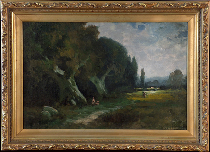 Harry Cassie Best, California Oaks and Pasture Path, a pleasing beucolic scene done in greens and sky blues with clouds.  Small figures give dimension and liveliness to the scene