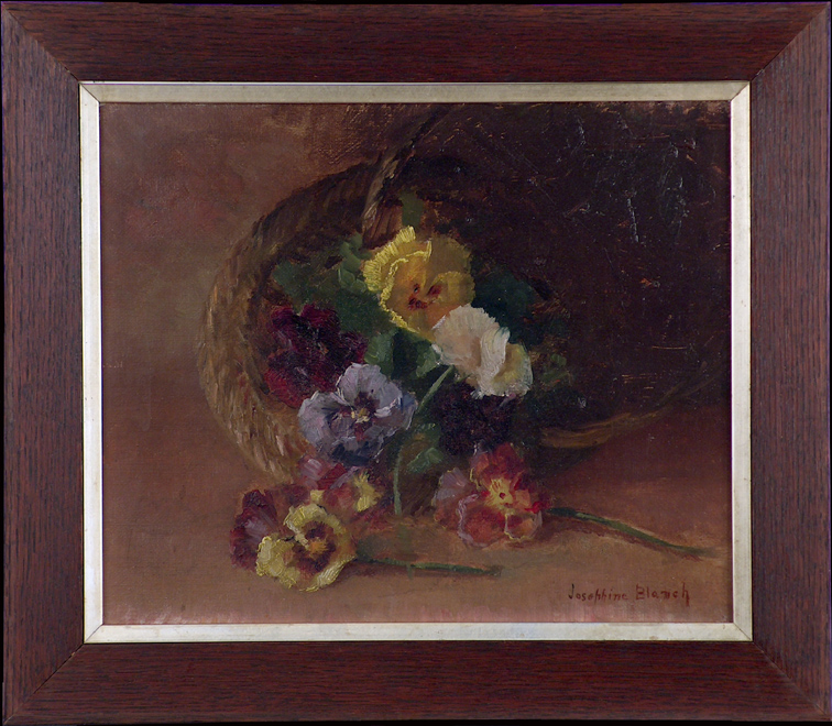 Josephine Blanch Pansies in a Basket with Frame