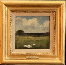 John Appleton Brown, Geese, a small group of white geese on a grassy pasture with and oak tree and clouds in the distant background