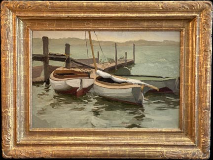 California School, Sailboats in San Pedro Harbor with Gold leaf frame