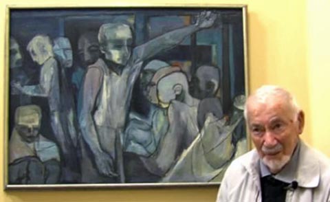 Maury Lapp pictured with his painting The Travelers at Santa Rosa Junior College Library