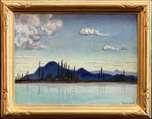 Eliot Candee Clark, Purple Hills, a stylized view of distant hills and verticle Italian Cypress against distant blue mountains and poofy clouds.  Water in the foreground reflects the scene.