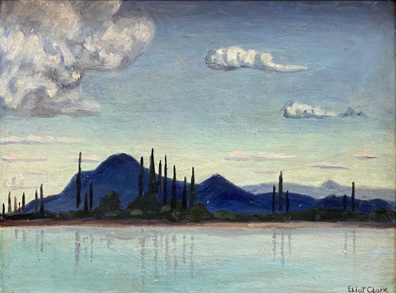 Eliot Candee Clark, Purple Hills, a stylized view of distant hills and verticle Italian Cypress against distant blue mountains and poofy clouds.  Water in the foreground reflects the scene.