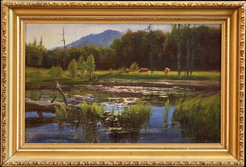 Gordon Coutts, a pastoral scene with cattle grazing next to a pond with a dead log and water grasses in the foreground, and a blue Mount Tamalpais in the background.