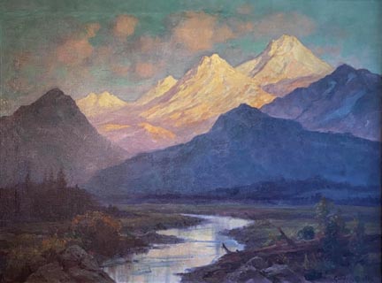 Gordon Coutts, Upper Toulumne Sundown, a mountain stream with towering Sierra snow capped peaks in the background lighted by the setting sun