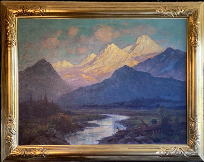 Gordon Coutts, Upper Toulumne Sundown, a mountain stream with towering Sierra snow capped peaks in the background lighted by the setting sun
