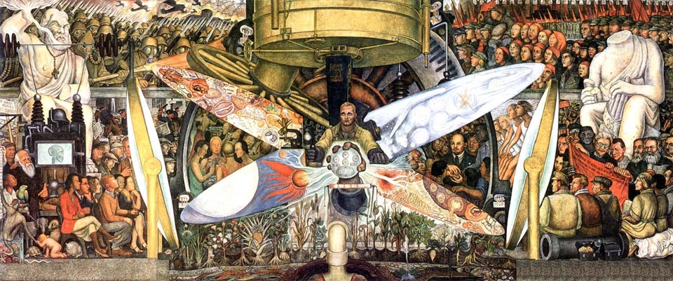 Diego Rivera, Man at the Crossroads, 1934, fresco mural was commissioned by and soon plastered over and destroyed by Nelson Rockefeller.  Rivera was angered by Rockefeller's request and refused to remove an image of Vladimir Lenin (center right). Only black and white  photos remained. Later, Diego Rivera repainted the compostion in Mexico under the name, Man, Controller of the Universe. This fresco is located in the Palace of Fine Arts, Mexico City.