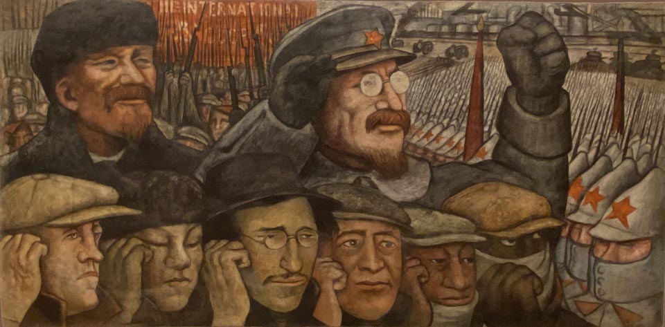 Diego Rivera, Third International, 1933, freco on fiberglass and polyesster support in metal framework done in New York for the Communist League of America. The painting shows Vladimir Ilʹich Lenin approvingly looking upon  Leon Trotsky, his political heir as he presides over the victoriouos Red Army marching in Red Square. Below them are six diverse annonymous workers, including one Asian man and one African man, ready to lead the world revolution.