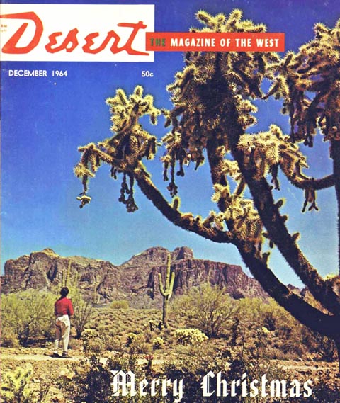Cover Art, Desert Magazine, Dec 1964, Man walking in a red shirt eyeing a Saguaro Cactus