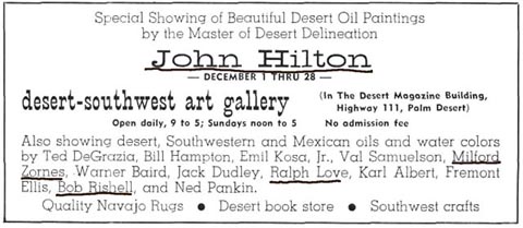 Ad in Desert Magazine, Dec 1964 for a John W. Hilton show,with Robert Rishell, Ralph Love and Milford Zonres
