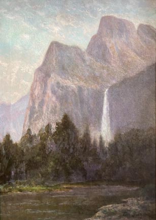 Carl Dahlgren, Yosemite's Bridalveil Falls, pasture with tall trees, Bridalveil Falls and mountains