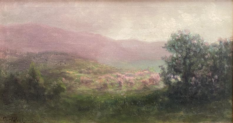 Carl Dahlgren, pastoral scene with some fog or thick atmosphere rollling over sheep grazing in a green meadow with distant hills