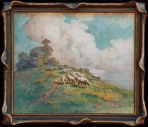 Carl Dahlgren, Sheep on a Hillside, a pasture scene with hills on a hillside with mountainous clouds in the distance