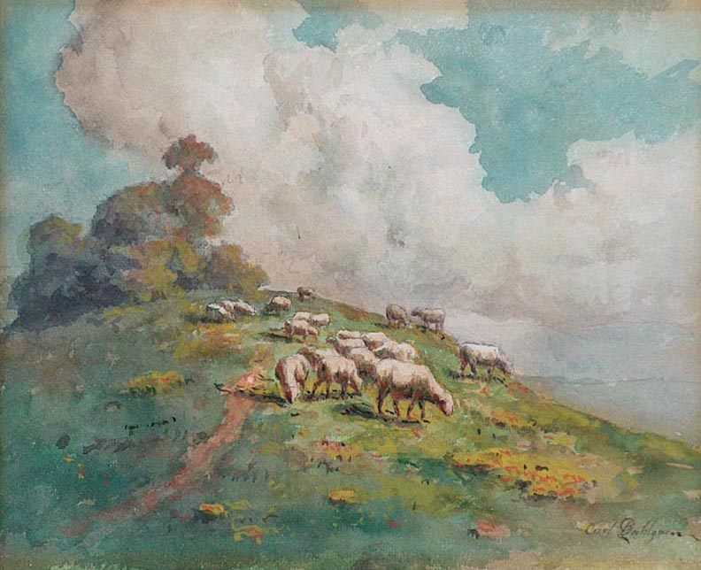 Carl Dahlgren, Sheep on a Hillside watercolor, sheep in a hillside pasture with billowing cumulous clouds looming overhead