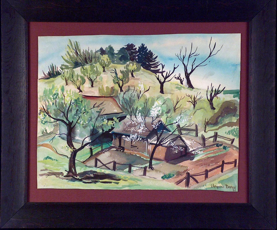 Painting of the month, Spring Landscape, Virginia Chism Darce Watercolor, irregulary cut, mounted on a solid mat, approximate measruements, 15 x 19 1/2
