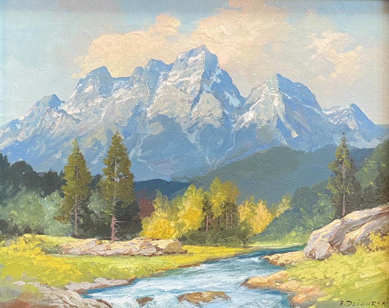 Alexander Dzigurski, Grand Tetons Stream with jagged peaks in the background