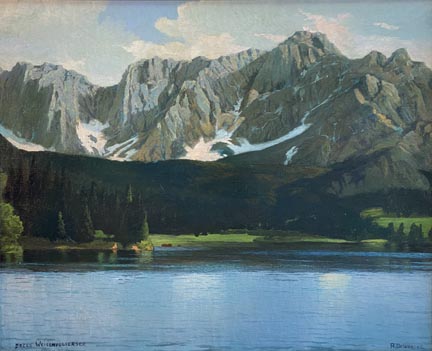 Alexander Dzigurski, Obere Weisenfelsersee, an Austrian lake with green shoreline and the Alps Peaks towering in the background