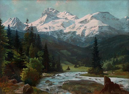 Alexander Dzigurski, Wochein, 1943, A scene of Slovenia's Mount Triglav in the background with a mountain streem