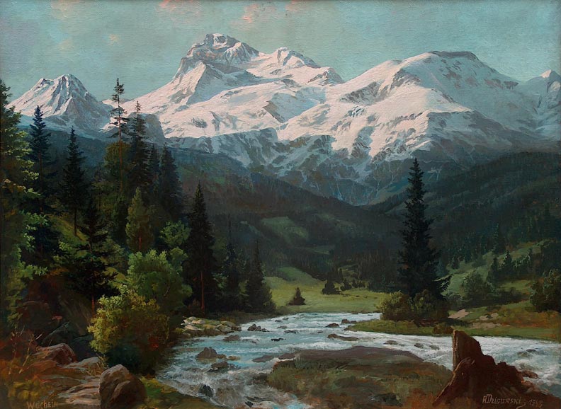 Alexander Dzigurski, Wochein, 1943, A scene of Slovenia's Mount Triglav in the background with a mountain stream