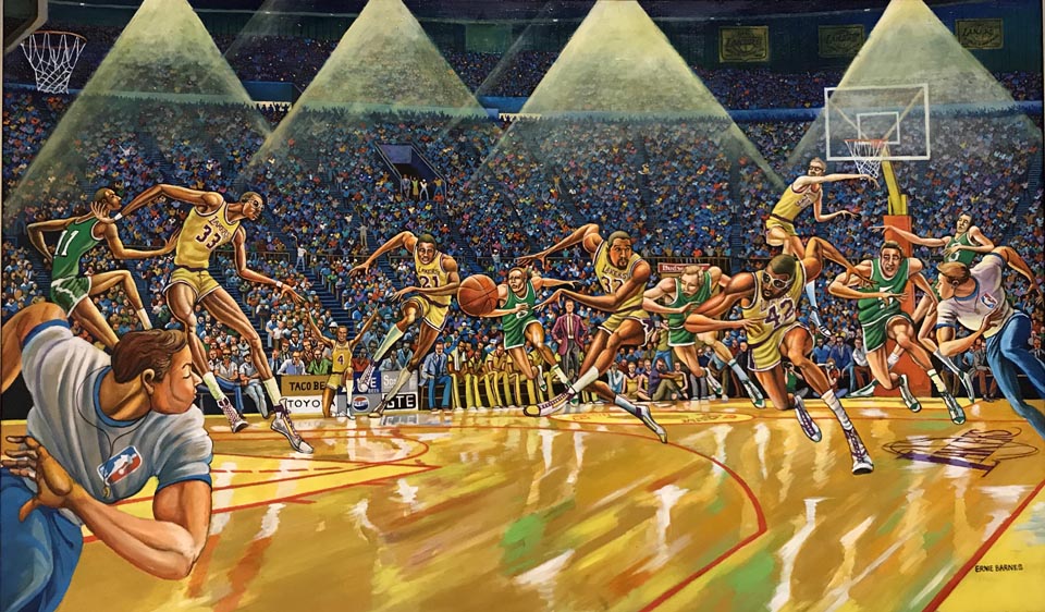 Ernie Barnes, Fast Break, 1987 Commissioned by LA Lakers owner, Dr. Jerry Buss after the Lakers won the NBA championship. Lakers Magic Johnson, Kareem Abdul Jabbar, James Worthy, Kurt Rambis and Michael Cooper appear in the painting. Ernie Barnes creates movement. Notice, only Kareem's left shoe is on the floor, all other players are airborne.
