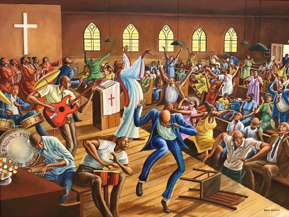 Ernie Barnes, Friendly Friendship Baptist Church, 1994, Acrylic on canvas The Hardy Nickerson Family Collection (Hardy Nicherson played for four NFL teams. In this painting, he's seated in the second row wearing a yellow jersey with the number 50 on it. He and his cousin are focused on a football magazine as the congregation is engaged in gospel praise.)