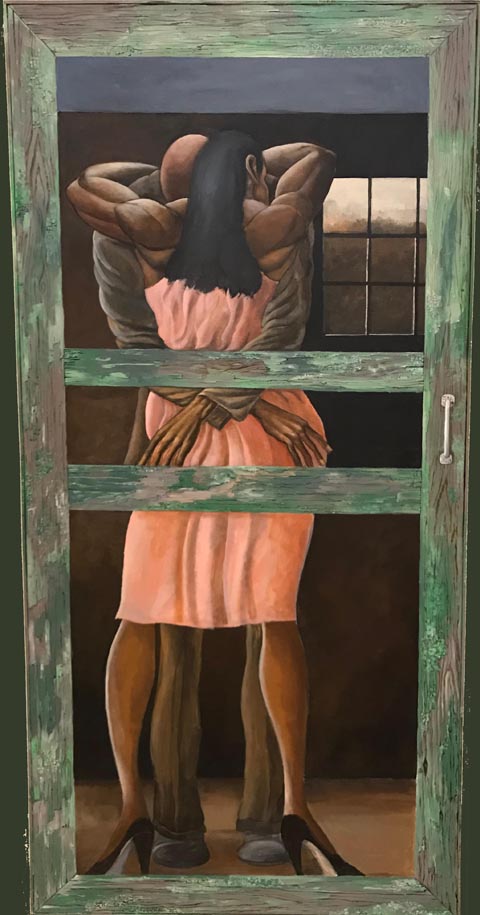 Ernie Barnes, Screen Door, 2007 (unfinished work in progress) Acrylic on canvas, framed in an actual weathered door frame Ernie Barnes Family Trust 