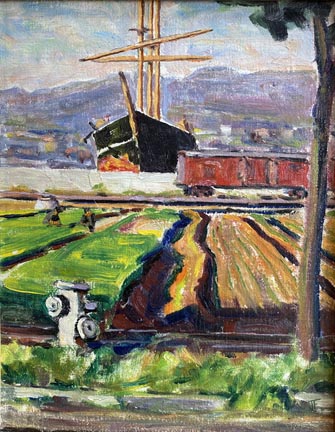 Justin Faivre, a fauvist scene of the Carquinez Strait where the Sacramento River meets San Francisco, with a three masted ship, a train track with cars and a green vegitable field