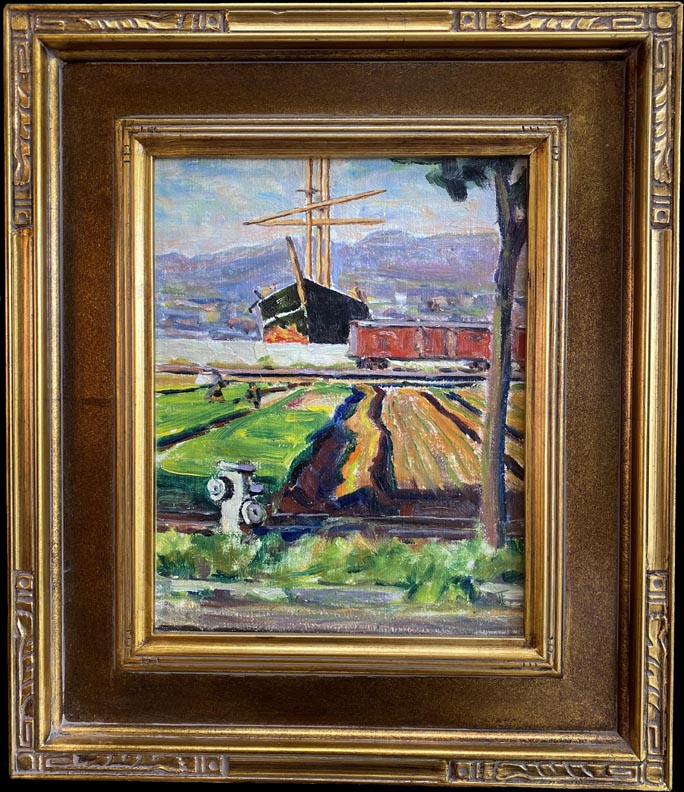 Justin Faivre, a fauvist scene of the Carquinez Strait where the Sacramento River meets San Francisco, with a three masted ship, a train track with cars and a green vegetable field