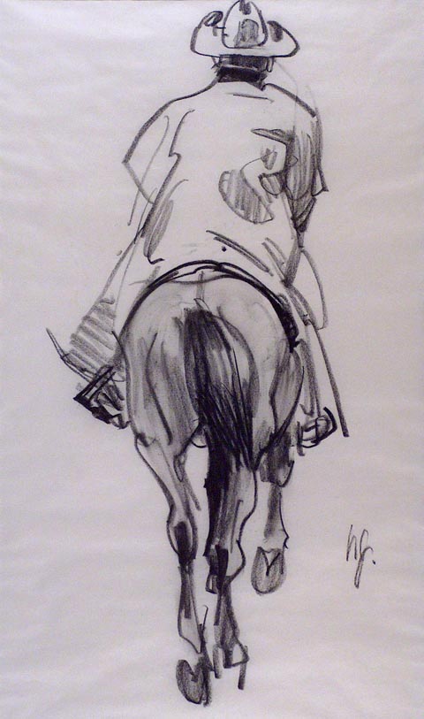 Ned Jacob, contemporary 1938 - Cowboy with Duster, charcoal on paper, 22 x 18