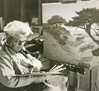 Granville Redmond at easel with Carmel Sand Dunes and Cypress