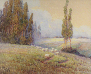 Sheep, Hills and Eucalyptus Watercolor, 13 1/2 x 16 1/2 Grace Allison Griffith, 1885-1955
