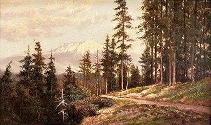 Una Gray, Mount Shasta, a mountain path with tall trees and Mount Shasta in the distance