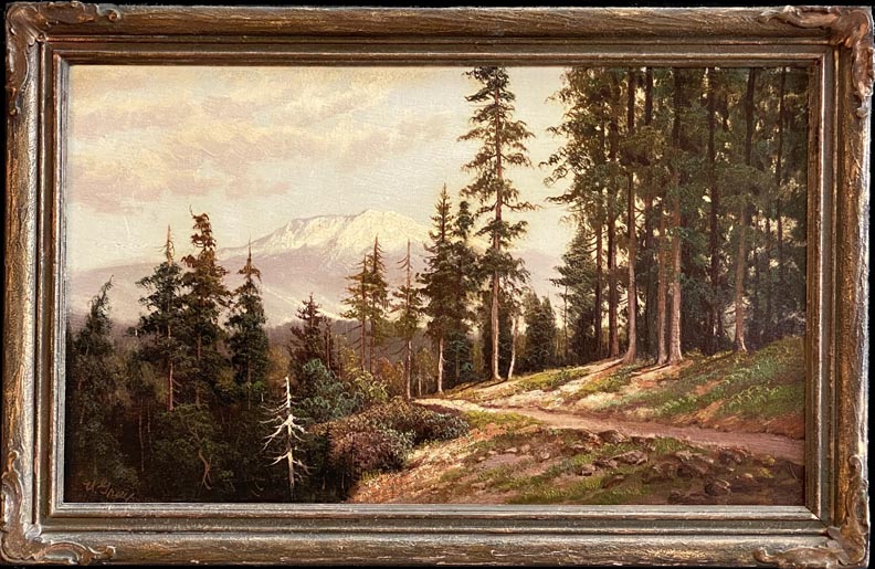 Una Gray, Mount Shasta, a mountain path with tall trees and Mount Shasta in the distance