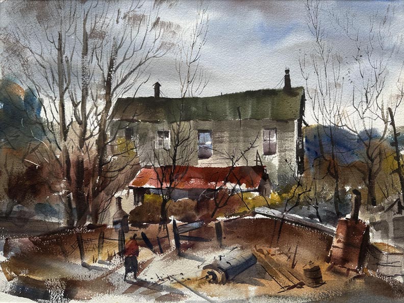 Harold Gretzner, Coit Tower, San Francisco, verso scene of a figure approaching an old house in winter