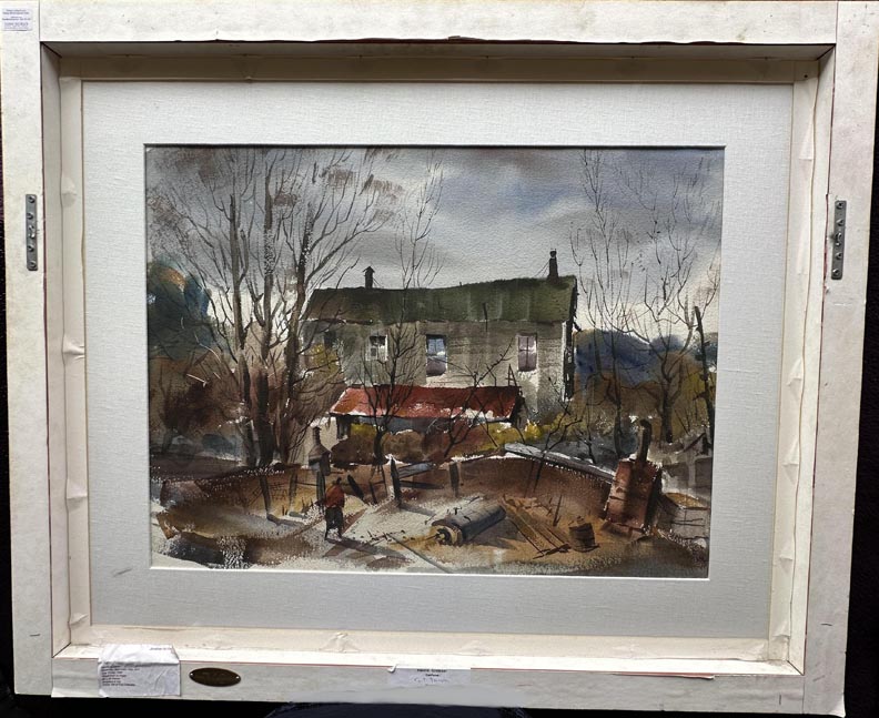Harold Gretzner, Coit Tower, San Francisco, verso scene of a figure approaching an old house in winter