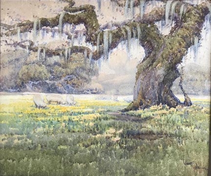 Grazing Sheep Among Wildflowers, 1921 Watercolor on paper, 14 1/4" x 17" original 100 yr old frame, with archival materials and museum glass