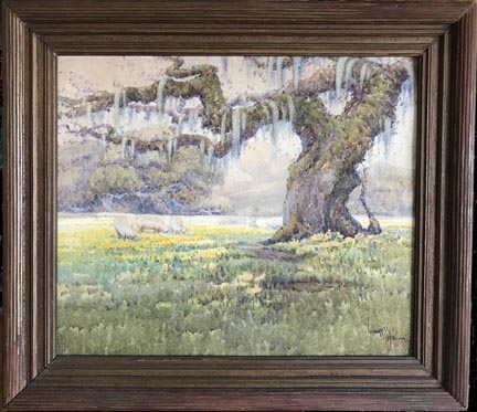 Grazing Sheep Among Wildflowers, 1921 Watercolor on paper, 14 1/4" x 17" original 100 yr old frame, with archival materials and museum glass